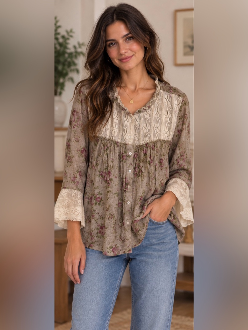 POL Taupe Floral Lace-Trim Blouse with Pink Accents NWOT